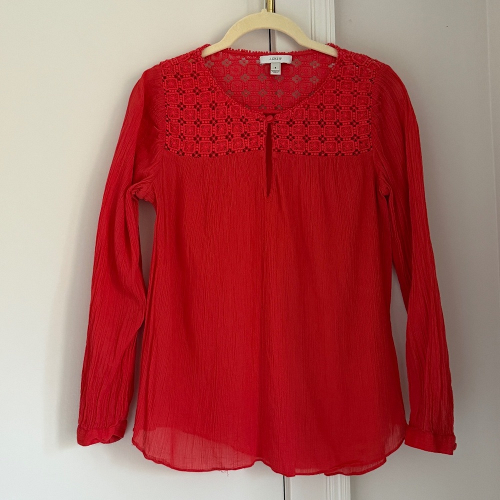 J.Crew Red Cotton Gauze Blouse with Embroidered detail. Size 8